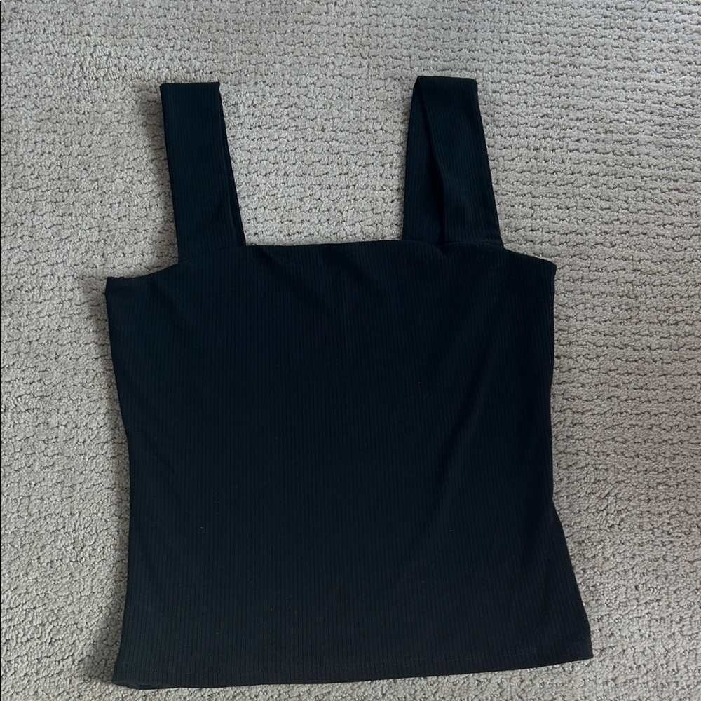 Black Square Neck Ribbed Tank Top - Women